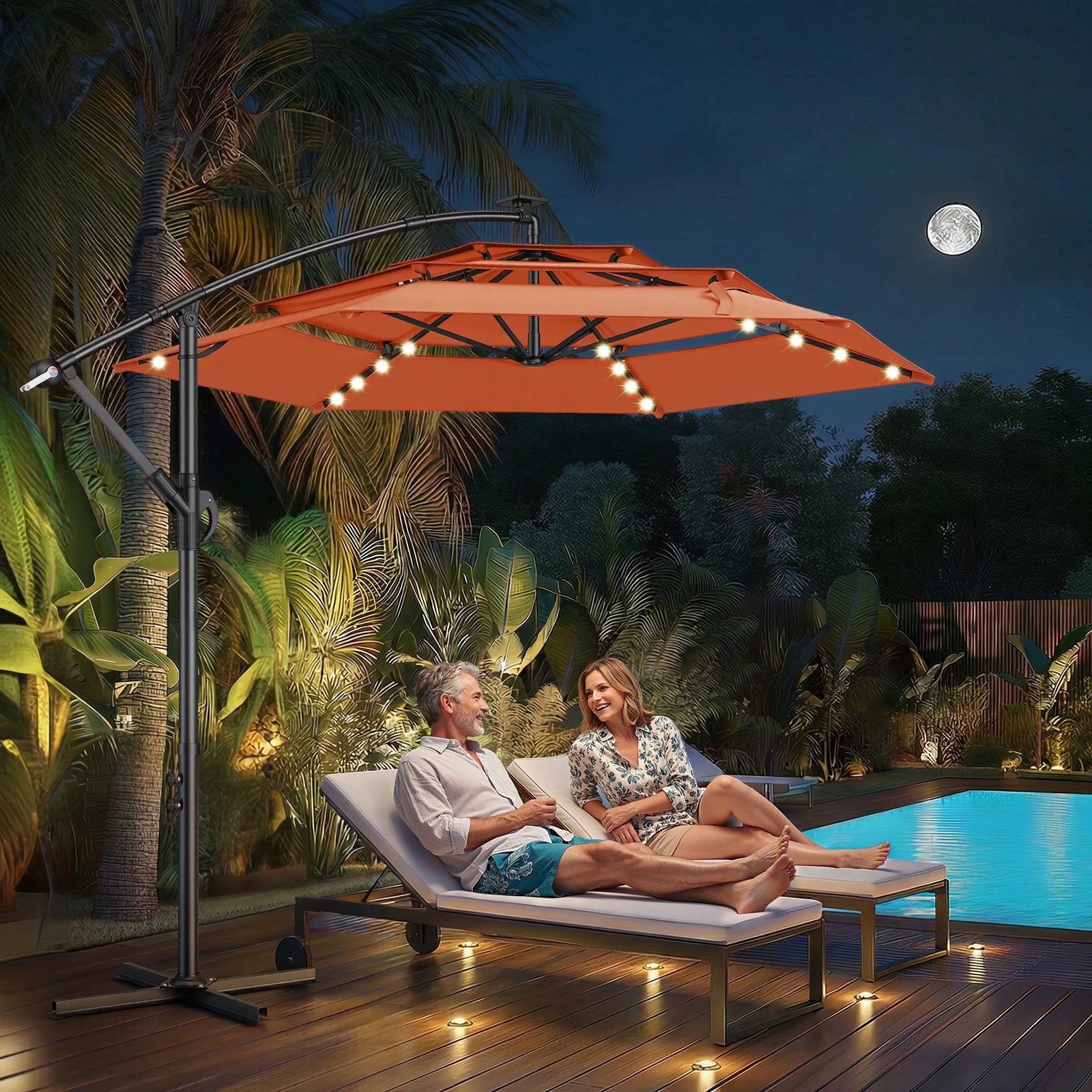 TASKBAY 10ft 3-Tiered Cantilever Patio Umbrella Solar LED Lighted (Base not included)
