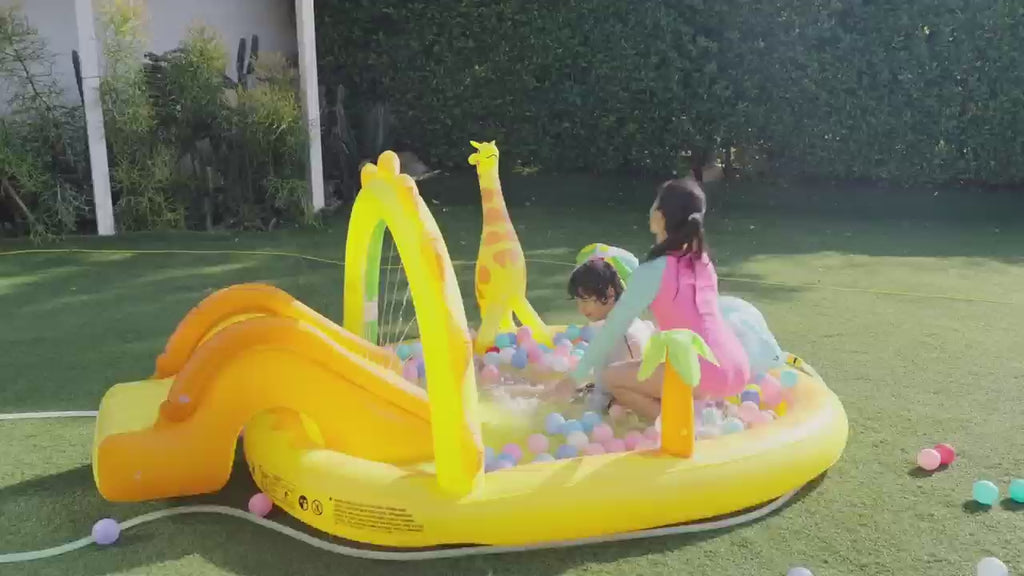 TASKBAY Inflatable Kiddie Pool Giraffe Play Center with Slide and Elephant Sprinkler